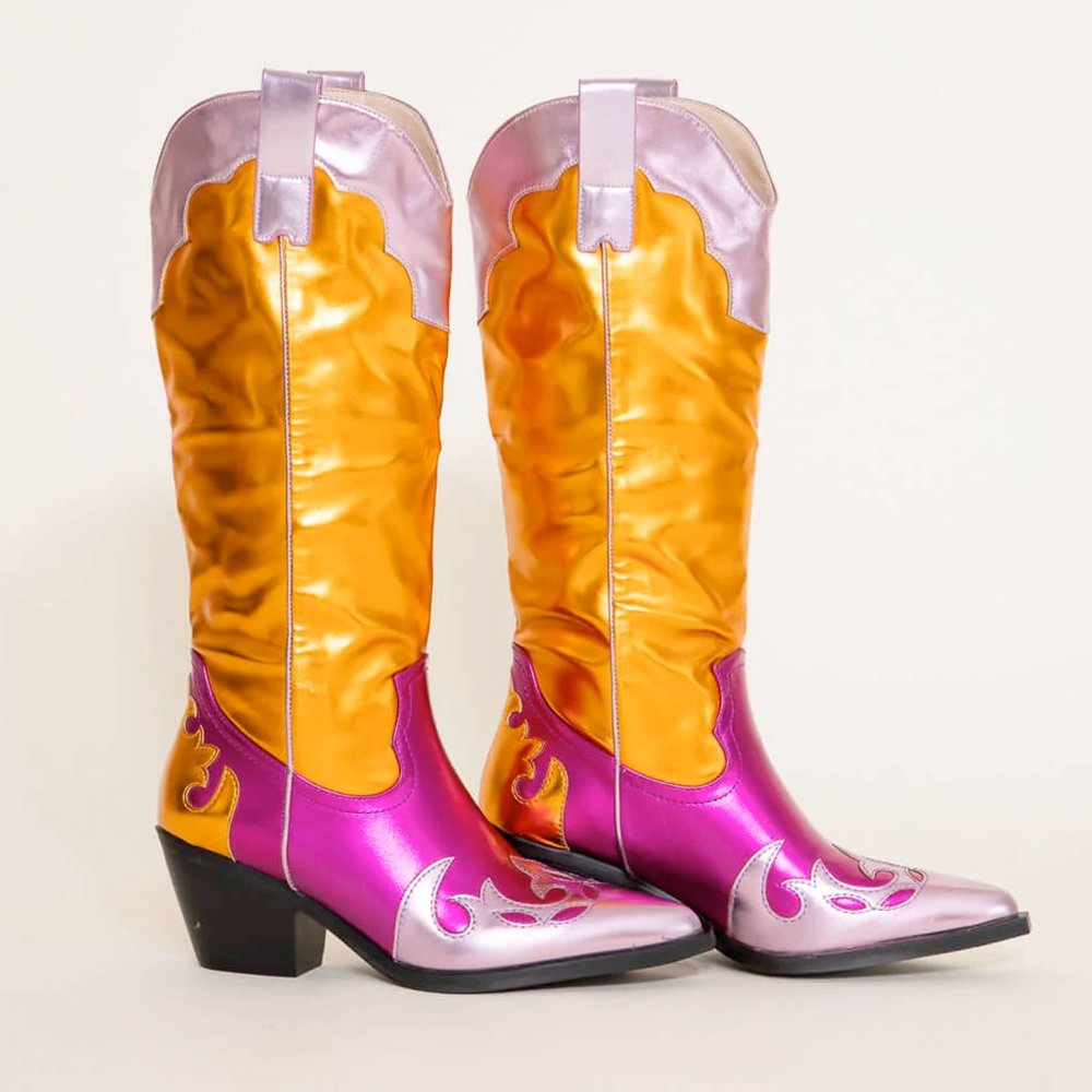 Vivid Two-Tone Western Heeled Boots in Gold and Pink